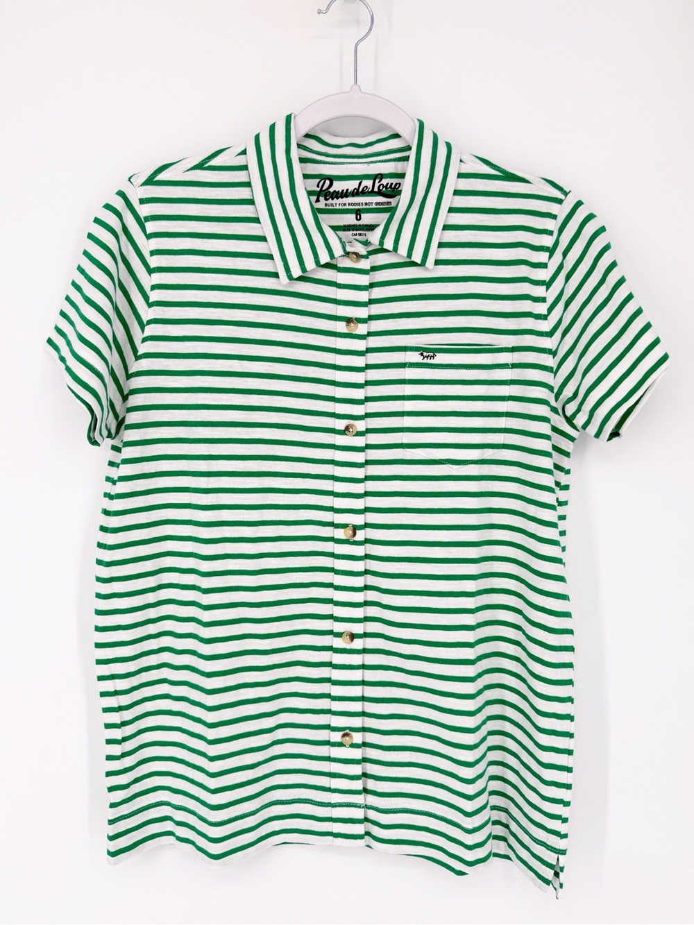 Peau de Loup Button Up Tee Green White Stripe Size 6